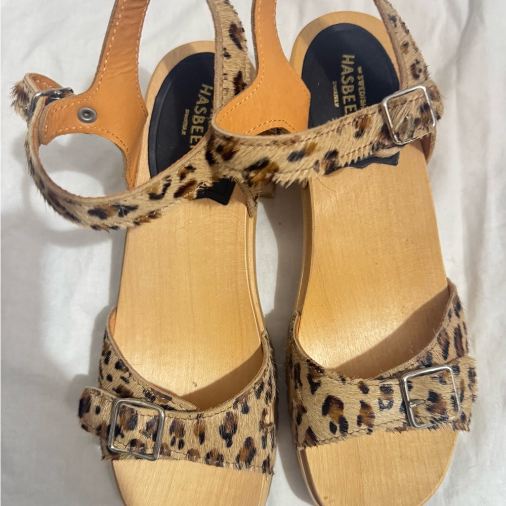 Swedish Hasbeens Tan and Brown Leopard Sandals